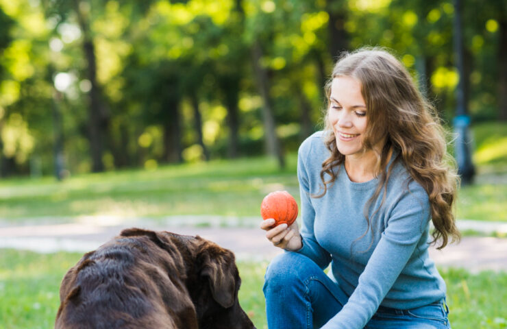 happy-woman-with-ball-shaking-her-dog-s-paw-park