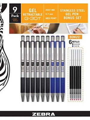 ZEBRA G-301 Gel Stainless Steel 9 Pack w/ 6 Refill Cartridges