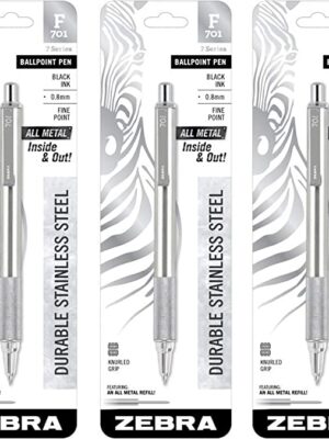 3 - Zebra F-701 Ballpoint Pens, Stainless Steel with Knurled Grip, Pk of 3 Pens