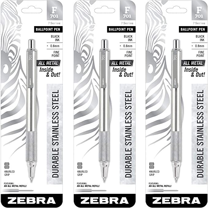3 - Zebra F-701 Ballpoint Pens, Stainless Steel with Knurled Grip, Pk of 3 Pens