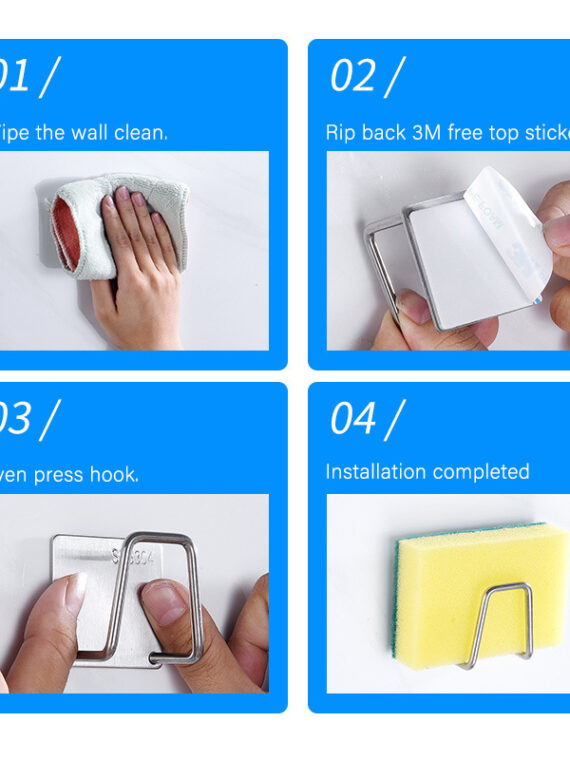 Kitchen Organizer Sponge Holder Soap Drying Rack Self Adhesive Sink Drain Racks Stainless Steel Sink Wall Storage Racks Hooks